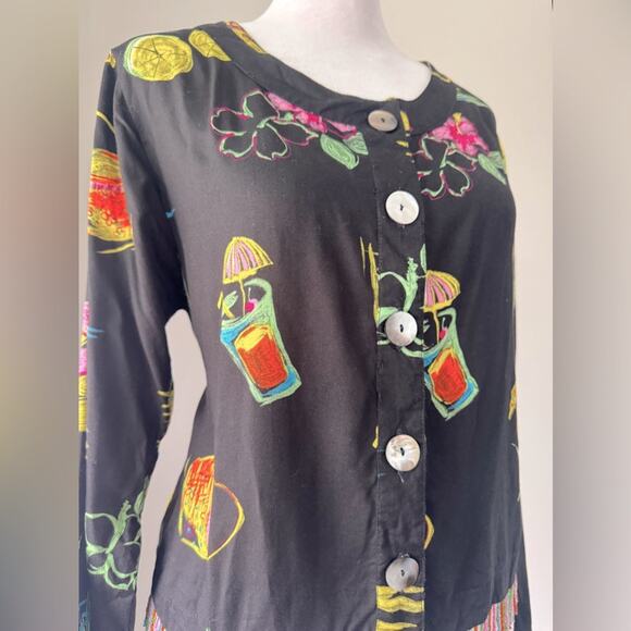 Vintage ‘90s Paradiso Tropical Print Beaded Fringe Hem Button Down Blouse - Picture 4 of 9